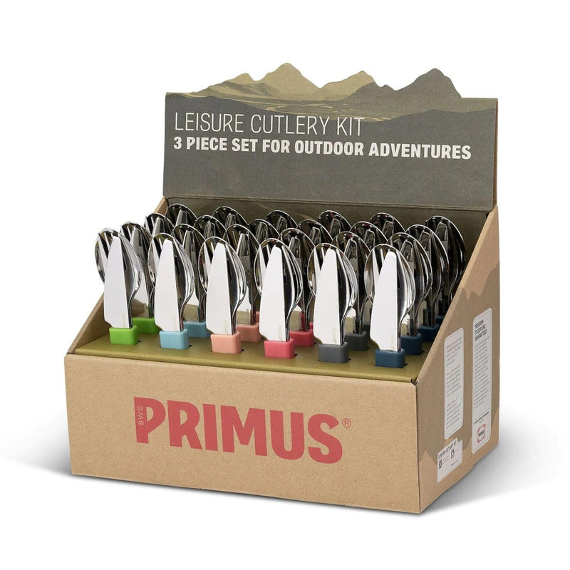 Primus Leisure outdoor cutlery set with knife, fork, spoon in colorful handles, ideal for camping and hiking.