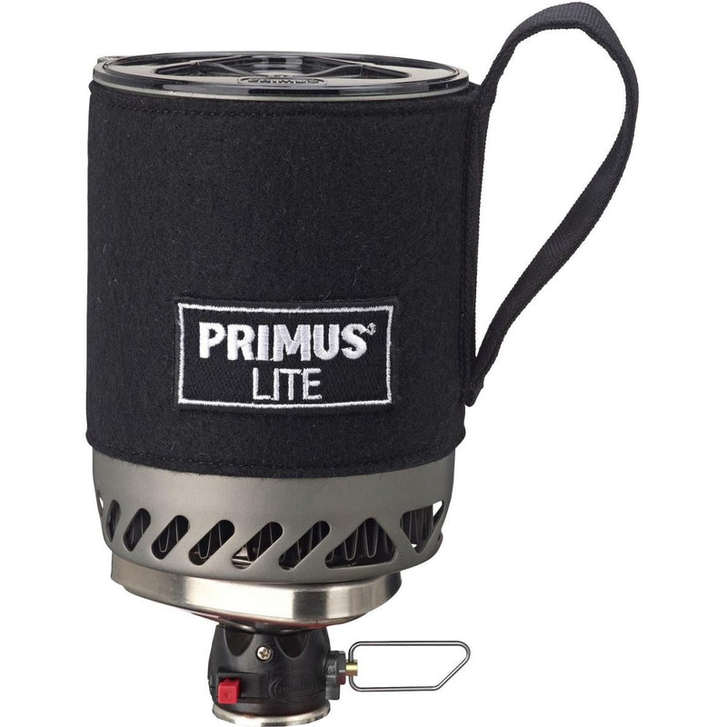 Primus Lite Stove System with insulated cozy and compact burner for lightweight backpacking cooking and boiling water outdoors.