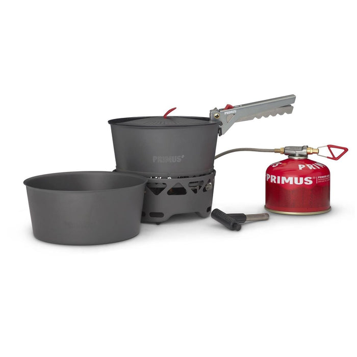 Primus PrimeTech 1,3-Liter-Campingkocher-Set mit zwei Töpfen, Brenner, Brennstoffkanister und Topfgreifer zum Kochen im Freien