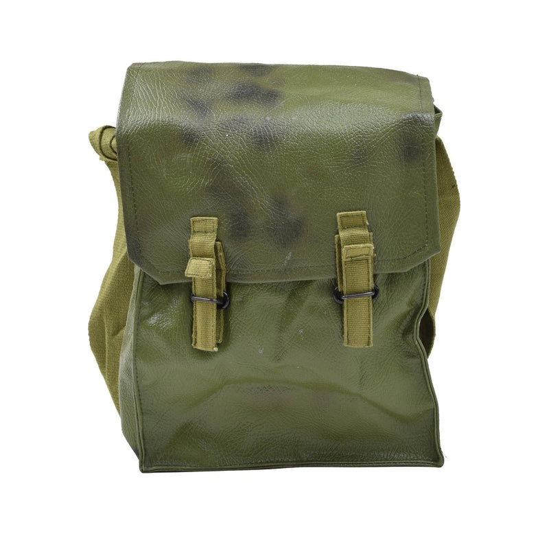 Vintage olive green Romanian M74 gas mask carrying bag with buckle straps for military surplus storage