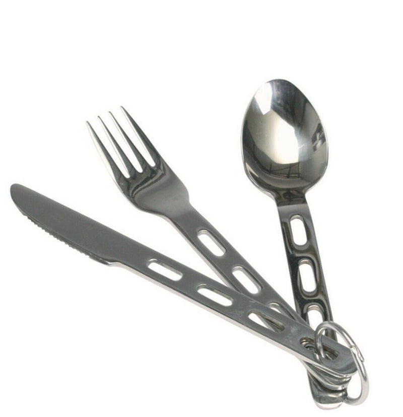 Compact stainless steel hiking cutlery set with knife, fork, and spoon linked by a metal ring for easy carrying.