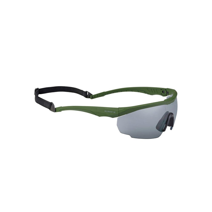 Olivgrüne Schutzbrille mit verstellbarem Riemen, beschlagfreien, kratzfesten Gläsern und UV-Schutz für den Außenbereich.