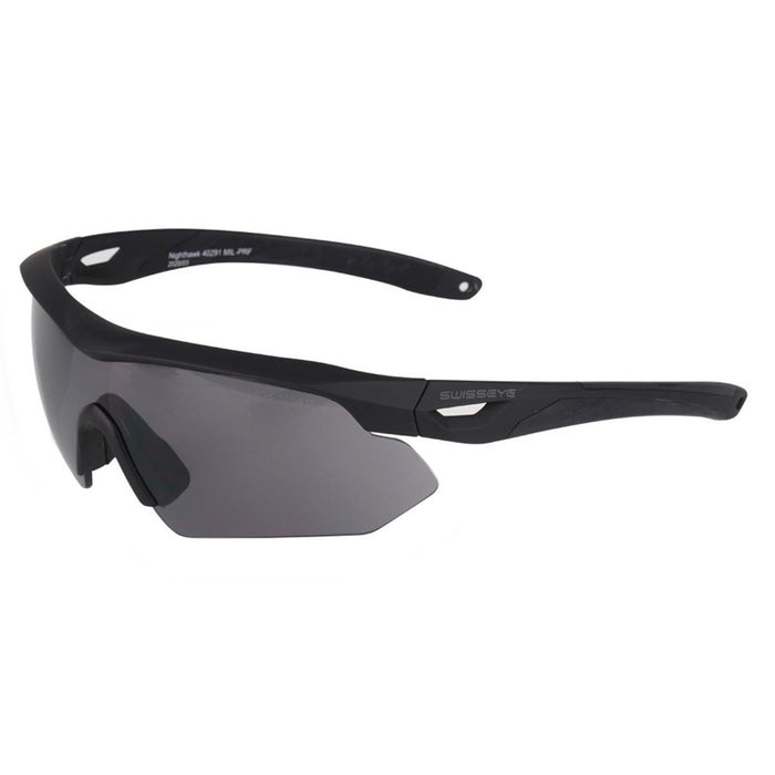 Schwarze SWISS EYE Nighthawk taktische Schießbrille mit verstellbarem Winkel und getönten Schutzgläsern