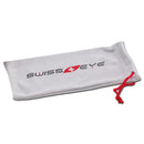 Soft gray microfiber pouch with red drawstring and Swiss Eye logo for storing protective shooting goggles