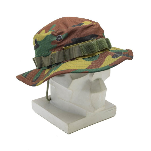 Military boonie hat with Belgian jigsaw camo pattern, wide brim, and durable ripstop fabric for outdoor use.