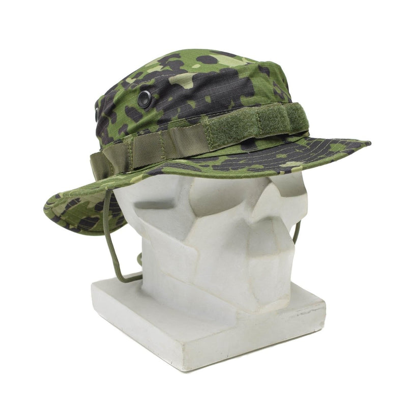 Danish M84 camo boonie hat with wide brim, vent holes, adjustable chinstrap, and durable ripstop fabric design.