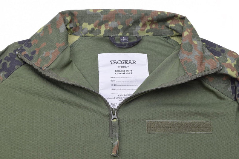 TACGEAR Flecktarn camo combat shirt with zippered collar and ripstop fabric shoulders, designed for durability and comfort.