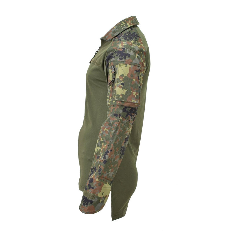 Side view of TACGEAR Flecktarn camo combat shirt with ripstop sleeves and olive stretch torso for tactical use