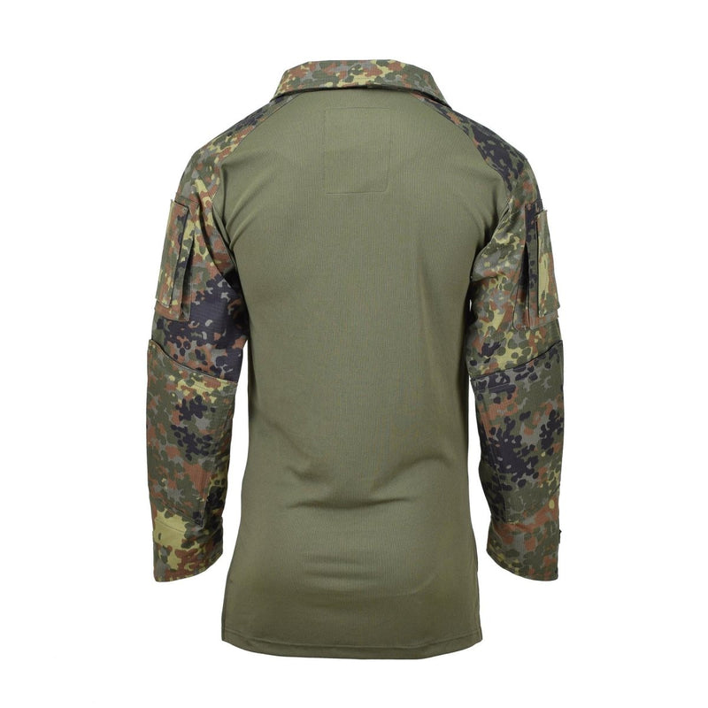 Back view of TACGEAR German Army style combat shirt with flecktarn camo sleeves and solid green torso designed for durability.