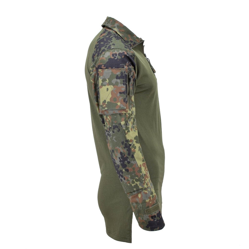 Side view of TACGEAR German Army style combat shirt with Flecktarn camo sleeves and olive green torso panel