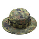 TACGEAR German Military style Boonie hat in flecktran camo with wide brim and ripstop fabric for outdoor activities.