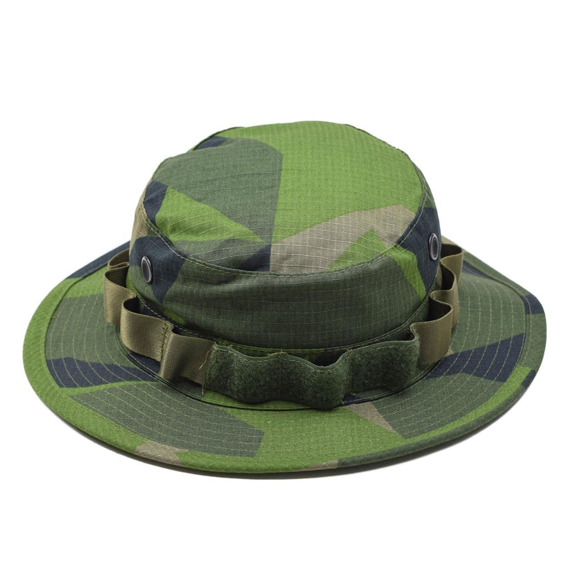Swedish military style boonie hat with Splinter Camo Ripstop fabric, wide brim, ventilation eyelets, and adjustable chin strap.