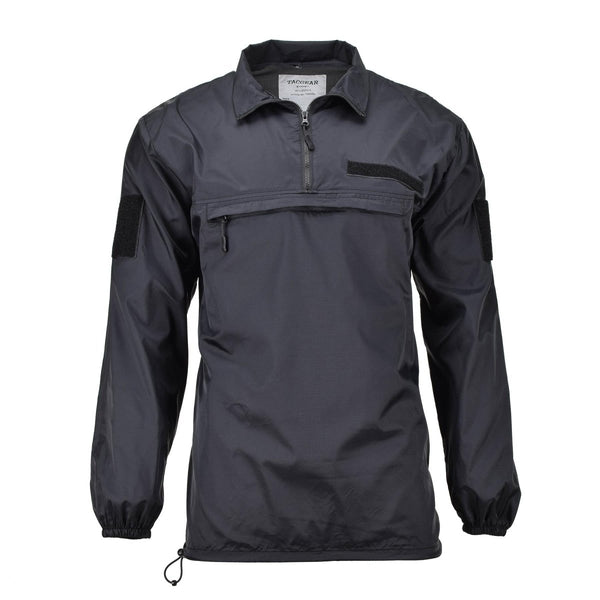 Black TACGEAR lightweight windproof smock with YKK zipper, elastic cuffs, and military-grade ripstop nylon fabric for outdoor use.