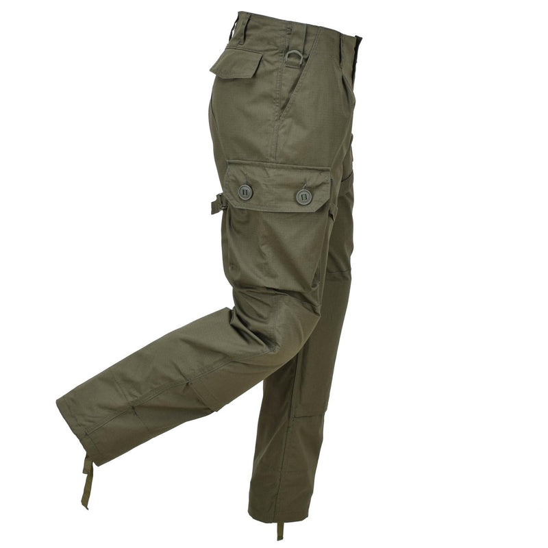 Olive green TACGEAR military ripstop cargo pants with reinforced knees and multiple buttoned pockets