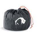 Compact black drawstring storage bag with white buffalo logo for Tatonka stainless steel camping cooking set