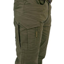 Close-up of olive green TEXAR Elite Pro 2.0 military tactical ripstop cargo pants with multiple pockets and zipper details