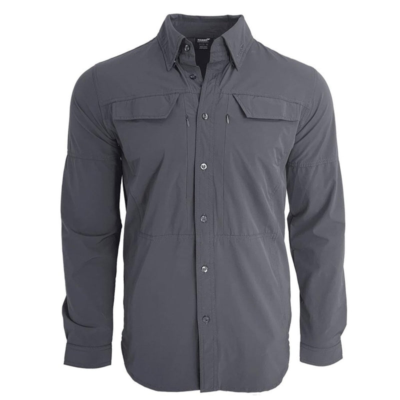 Slim fit TEXAR long-sleeve military shirt in dark gray, durable, breathable fabric with button-up front and chest pockets.