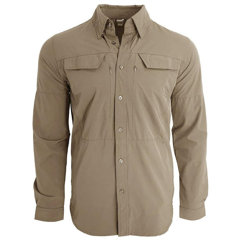Slim fit TEXAR long-sleeve military shirt in tan, durable and breathable with reinforced stitching and adjustable cuffs.