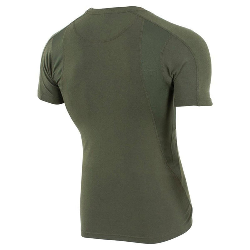 Olive green TEXAR short sleeve military base layer undershirt with breathable, durable fabric and reinforced stitching.