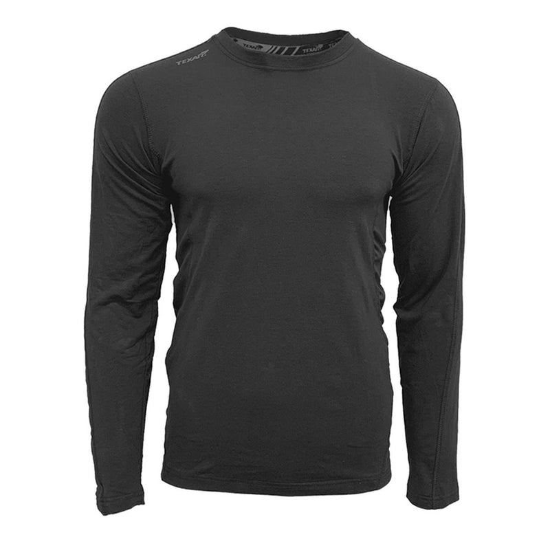 Black TEXAR military thermal undershirt with long sleeves designed for warmth, comfort, and durability in cold conditions.