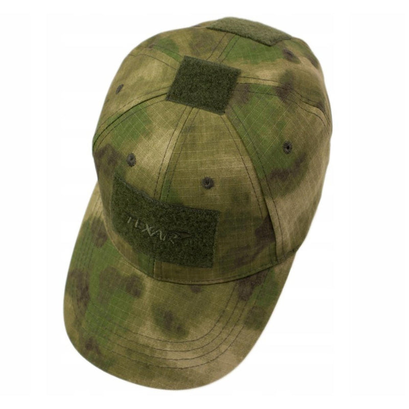 Green camo TEXAR tactical baseball cap made of durable ripstop fabric with adjustable strap and curved brim.