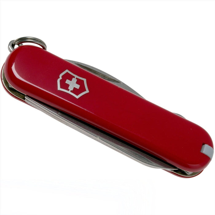 Compact Victorinox Rally multi-tool knife with 9 functions, red celidor plastic handle and keyring attachment