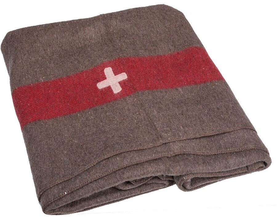 Vintage Schweizer Armee Decke Wolle Militär Wolle rot Streifen Kreuz REPRO NEU