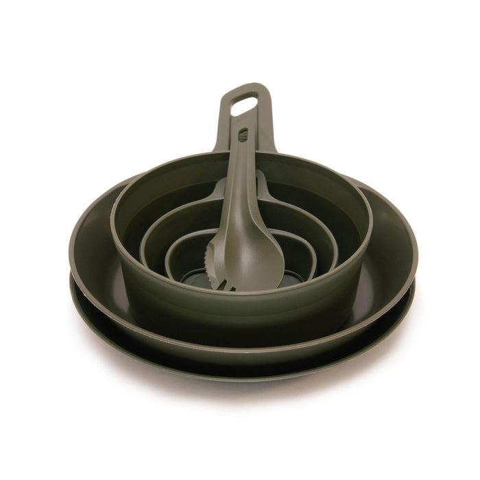 Olive green Wildo EXPLORER KIT with stackable plates, bowls, and a spork, lightweight BPA-free camping tableware set